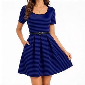 Blue & Black Striped Kids Dress - Classic Fit